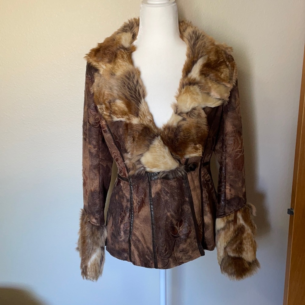 Cache Brown Faux Fur Trim Suede Jacket